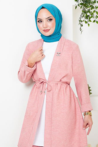 moda selvim Brooch Detailed Linen Suit 4718ZNK903-M Rose Dried - Thumbnail