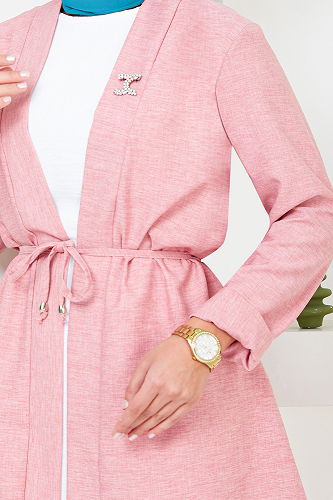 moda selvim Brooch Detailed Linen Suit 4718ZNK903-M Rose Dried - Thumbnail