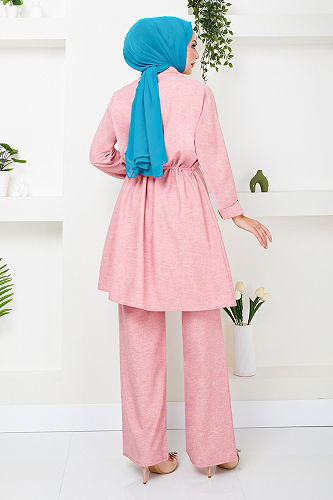 moda selvim Brooch Detailed Linen Suit 4718ZNK903-M Rose Dried - Thumbnail