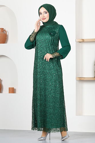 moda selvim Brooch Hijab Evening Dresses KNC12020-M Emerald - Thumbnail