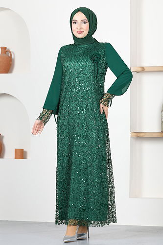 moda selvim Brooch Hijab Evening Dresses KNC12020-M Emerald - Thumbnail