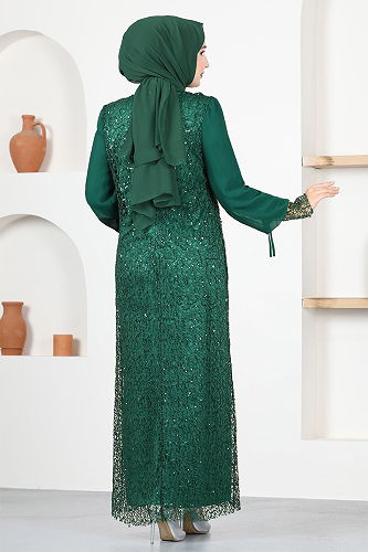 moda selvim Brooch Hijab Evening Dresses KNC12020-M Emerald - Thumbnail