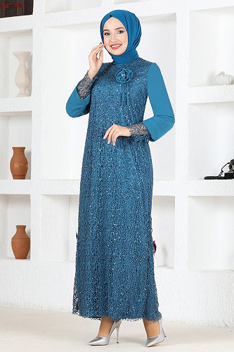 moda selvim Brooch Hijab Evening Dresses KNC12020-M Petrol - Thumbnail