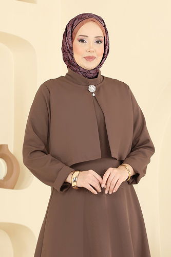 moda selvim Broş Aksesuarlı Dabıl Takım 24019UKB139 Açık Kahve - Thumbnail