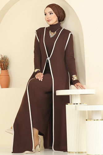 moda selvim Broş Aksesuarlı İkili Takım 12609KL398 Kahve - Thumbnail