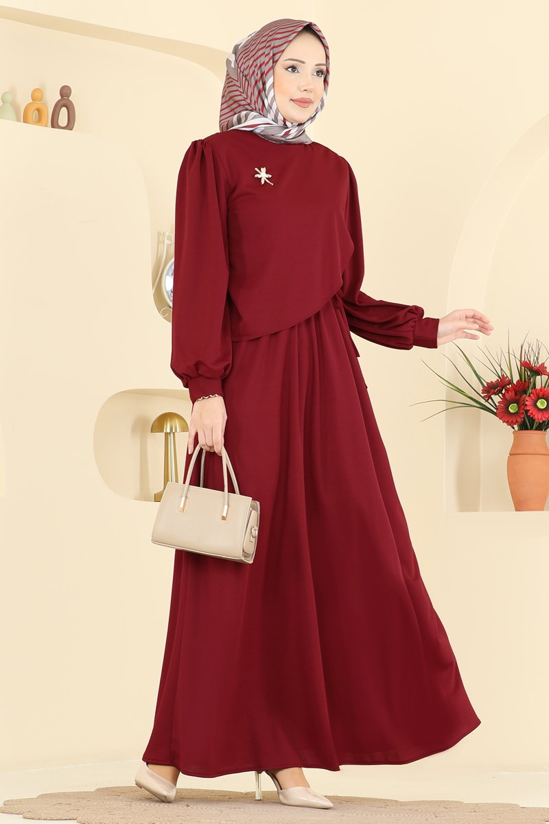 Broş Aksesuarlı Kemerli Elbise 0850LVA1173 Bordo