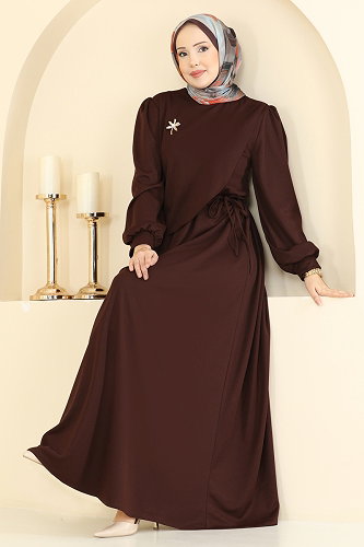 moda selvim Broş Aksesuarlı Kemerli Elbise 0850LVA1173 Kahve - Thumbnail