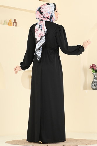 moda selvim Broş Aksesuarlı Kemerli Elbise 0850LVA1173 Siyah - Thumbnail