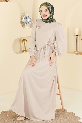 moda selvim Broş Aksesuarlı Kemerli Elbise 0850LVA1173 Taş - Thumbnail