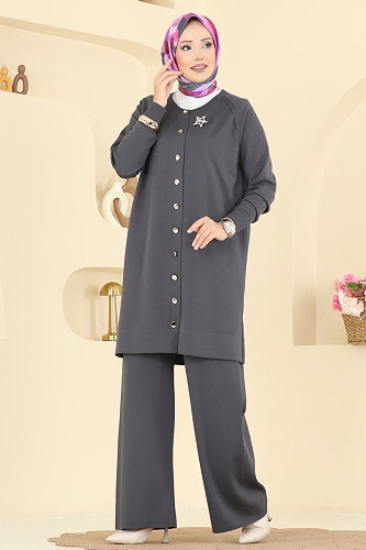 moda selvim Broş Aksesuarlı Triko Takım 7030UZ662 Antrasit - Thumbnail