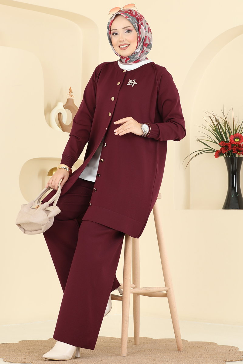 Broş Aksesuarlı Triko Takım 7030UZ662 Bordo