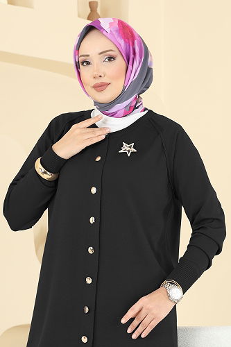 moda selvim Broş Aksesuarlı Triko Takım 7030UZ662 Siyah - Thumbnail