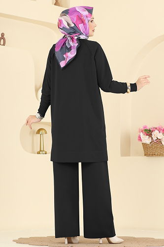 moda selvim Broş Aksesuarlı Triko Takım 7030UZ662 Siyah - Thumbnail