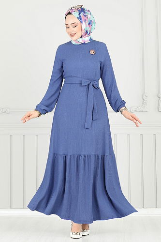 moda selvim Broş Detay Bürümcük Elbise 422DVL817 İndigo - Thumbnail