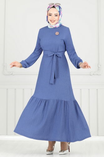 moda selvim Broş Detay Bürümcük Elbise 422DVL817 İndigo - Thumbnail