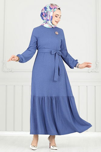 moda selvim Broş Detay Bürümcük Elbise 422DVL817 İndigo - Thumbnail