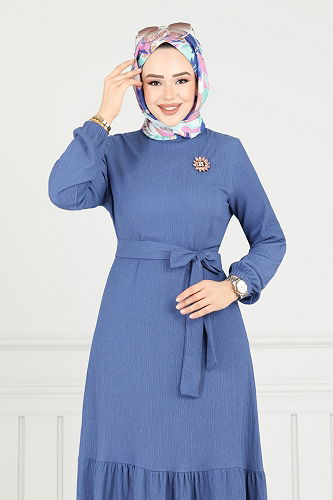 moda selvim Broş Detay Bürümcük Elbise 422DVL817 İndigo - Thumbnail