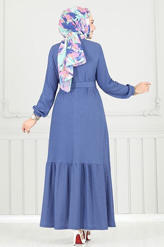 moda selvim Broş Detay Bürümcük Elbise 422DVL817 İndigo - Thumbnail