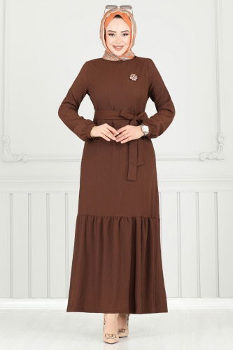 moda selvim Broş Detay Bürümcük Elbise 422DVL817 Kahve - Thumbnail