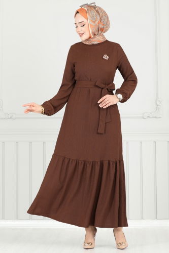 moda selvim Broş Detay Bürümcük Elbise 422DVL817 Kahve - Thumbnail