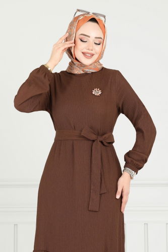 moda selvim Broş Detay Bürümcük Elbise 422DVL817 Kahve - Thumbnail