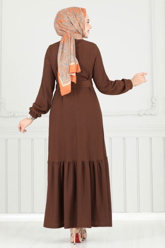 moda selvim Broş Detay Bürümcük Elbise 422DVL817 Kahve - Thumbnail