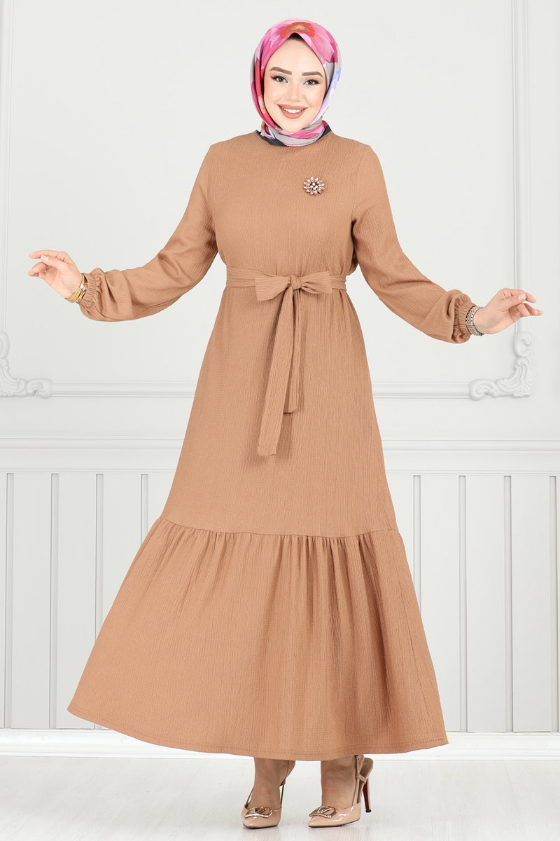 Broş Detay Bürümcük Elbise 422DVL817 Latte