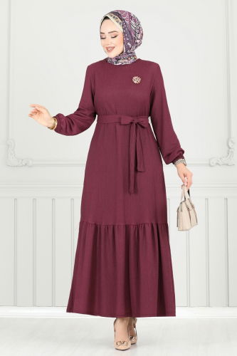 moda selvim Broş Detay Bürümcük Elbise 422DVL817 Mürdüm - Thumbnail