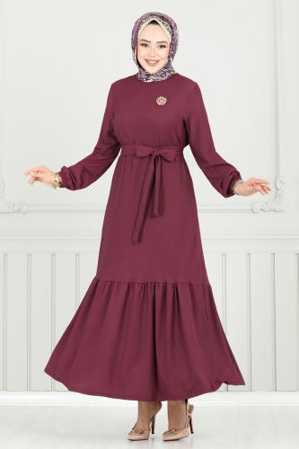 moda selvim Broş Detay Bürümcük Elbise 422DVL817 Mürdüm - Thumbnail