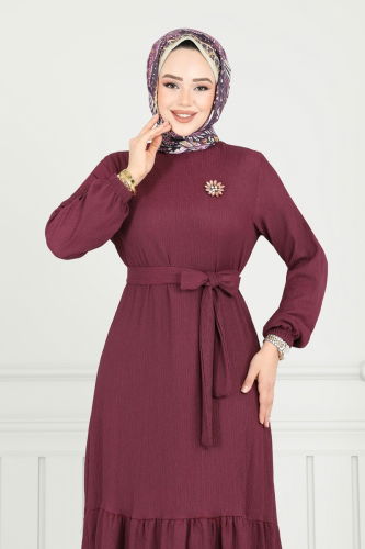 moda selvim Broş Detay Bürümcük Elbise 422DVL817 Mürdüm - Thumbnail