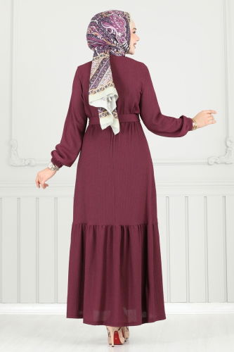 moda selvim Broş Detay Bürümcük Elbise 422DVL817 Mürdüm - Thumbnail