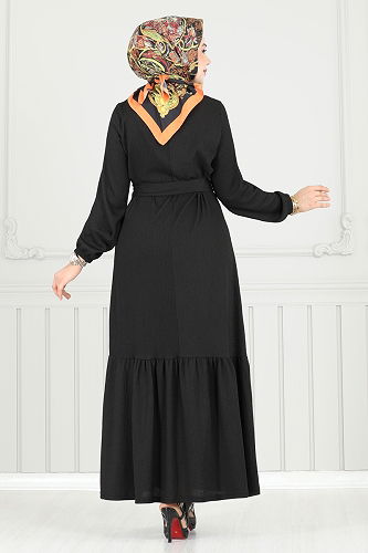 moda selvim Broş Detay Bürümcük Elbise 422DVL817 Siyah - Thumbnail