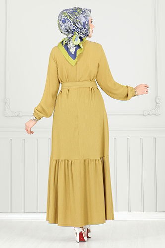 moda selvim Broş Detay Bürümcük Elbise 422DVL817 Yağ Yeşili - Thumbnail