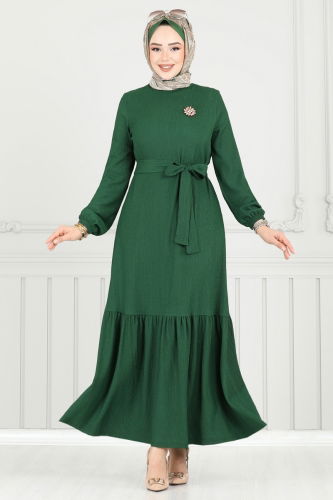 moda selvim Broş Detay Bürümcük Elbise 422DVL817 Zümrüt - Thumbnail