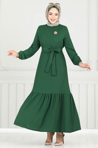 moda selvim Broş Detay Bürümcük Elbise 422DVL817 Zümrüt - Thumbnail