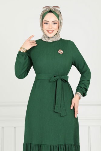 moda selvim Broş Detay Bürümcük Elbise 422DVL817 Zümrüt - Thumbnail