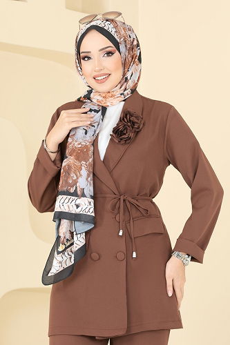 moda selvim Broş Detay Ceketli Takım 910MP806 Kahve - Thumbnail