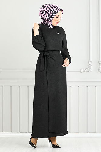 moda selvim Broş Detay Etekli Takım 4163MP930-M Siyah - Thumbnail