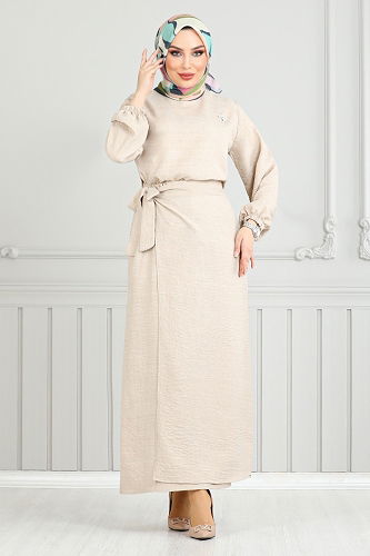 moda selvim Broş Detay Etekli Takım 4163MP930-M Taş - Thumbnail