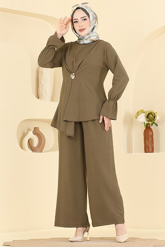 moda selvim Broş Detaylı 2 li Kombin 2931SL432 Haki - Thumbnail