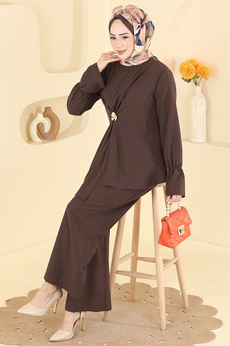 moda selvim Broş Detaylı 2 li Kombin 2931SL432 Kahve - Thumbnail
