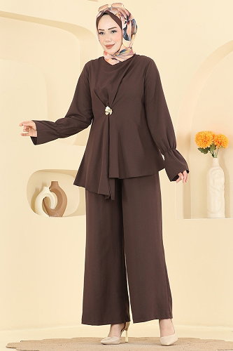 moda selvim Broş Detaylı 2 li Kombin 2931SL432 Kahve - Thumbnail