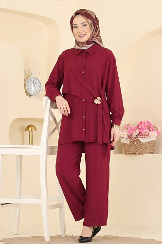 moda selvim Broş Detaylı 2 li Takım 017ZMRK1203 Bordo - Thumbnail