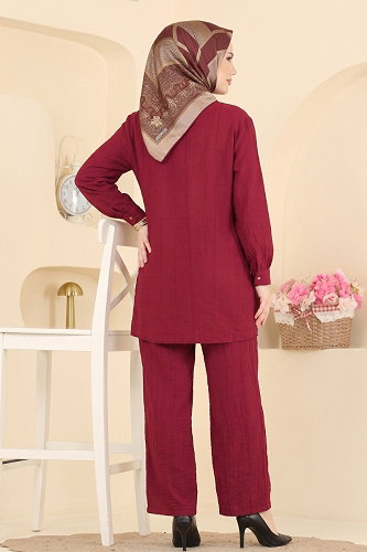moda selvim Broş Detaylı 2 li Takım 017ZMRK1203 Bordo - Thumbnail