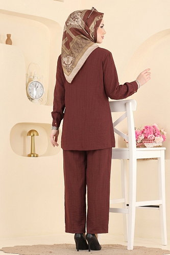 moda selvim Broş Detaylı 2 li Takım 017ZMRK1203 Koyu Kiremit - Thumbnail