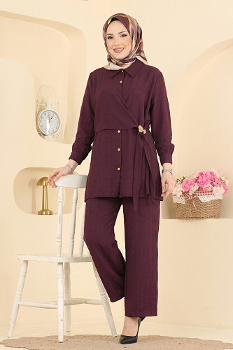 moda selvim Broş Detaylı 2 li Takım 017ZMRK1203 Mürdüm - Thumbnail