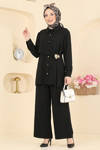 moda selvim Broş Detaylı 2 li Takım 017ZMRK1203 Siyah - Thumbnail