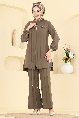 moda selvim Broş Detaylı 2 li Takım 2950SL432 Haki - Thumbnail