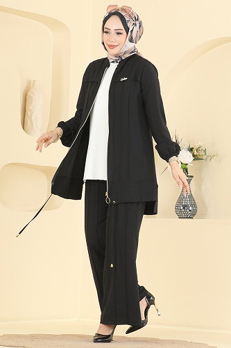 moda selvim Broş Detaylı 2 li Takım 2950SL432 Siyah - Thumbnail