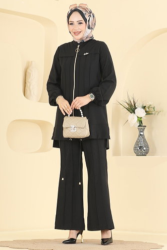 moda selvim Broş Detaylı 2 li Takım 2950SL432 Siyah - Thumbnail